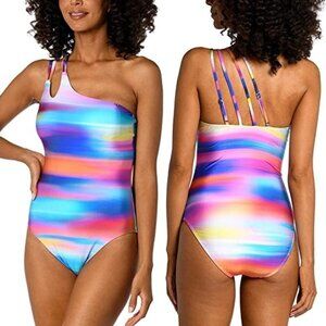 LA BLANCA Sunset Shores One Piece Swimsuit Size 8 One Shoulder Asymmetrical